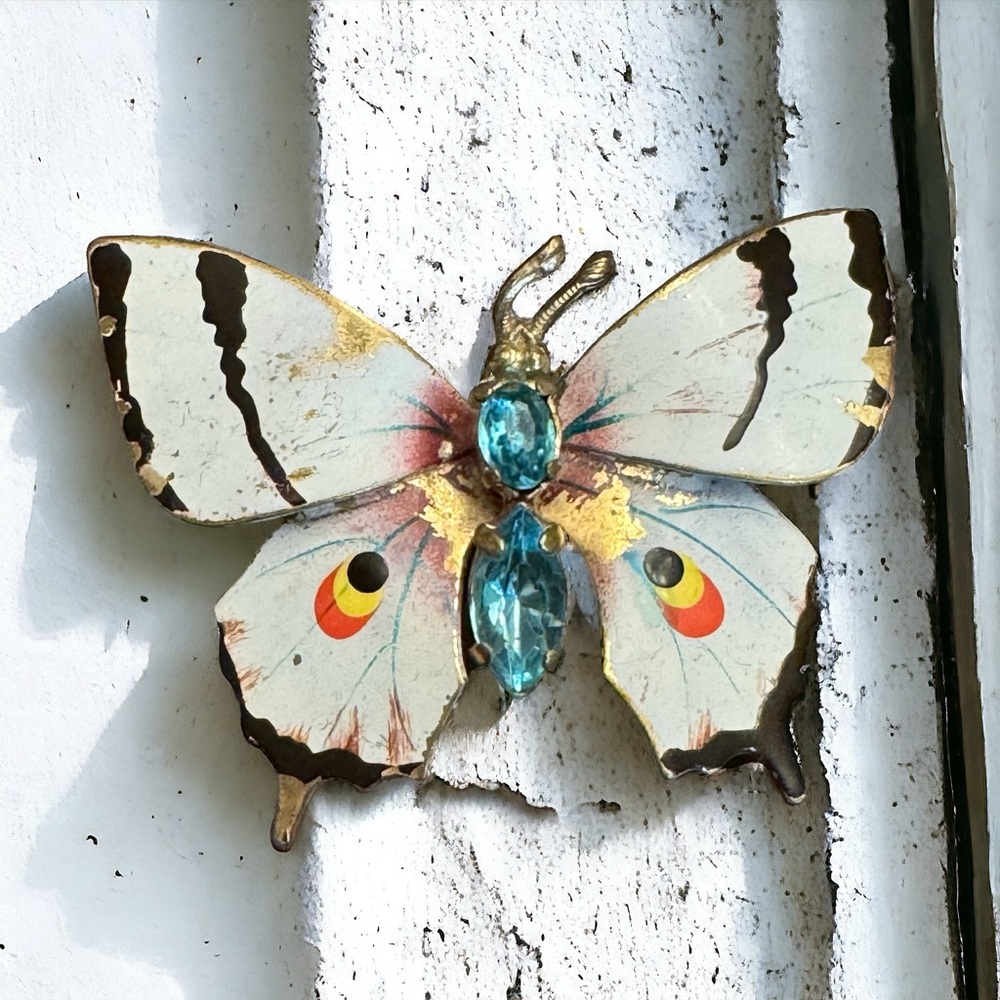 Made in Czechoslovakia Enamel Butterfly Blue Rhinestones Vintage